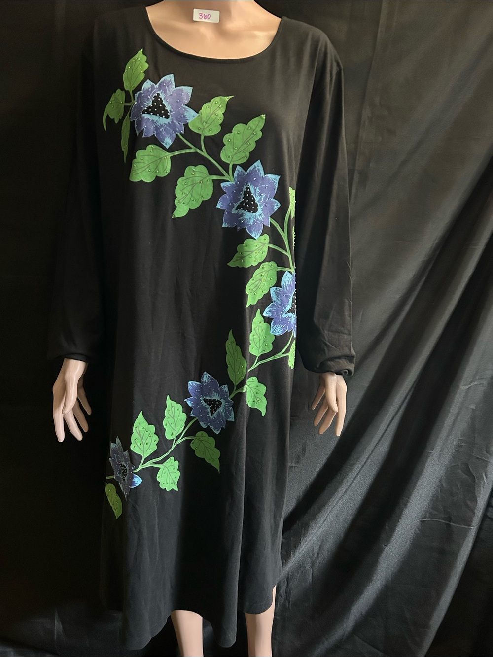 Main Street Black Floral Long Sleeve Women’s Dress Blue Flowers 2X NWT